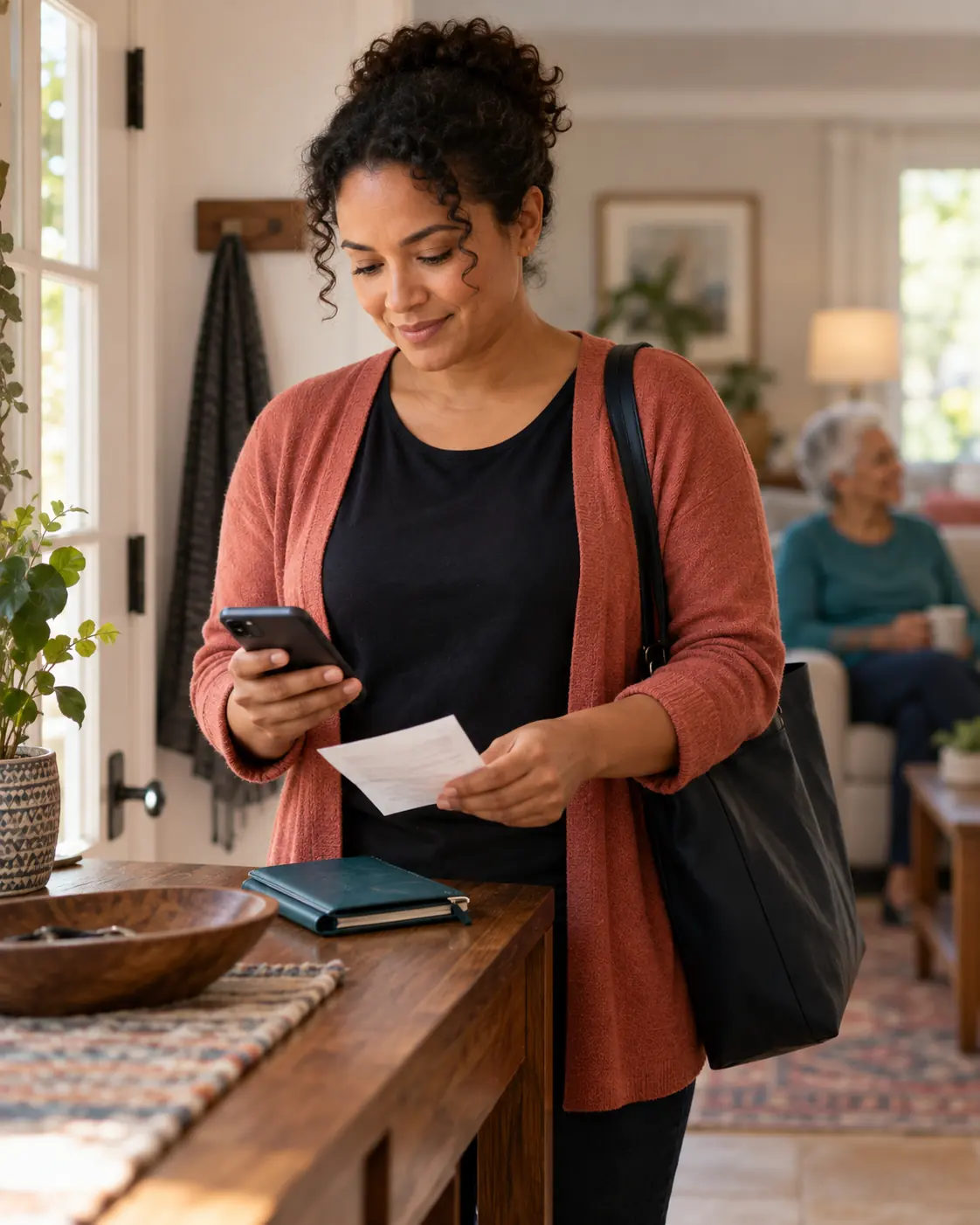 Caregiver organizing a receipt and appointment details in a home